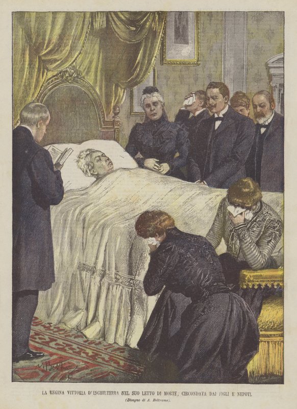 La Reina Victoria de Inglaterra en su lecho de muerte, rodeada de hijos y nietos de Achille Beltrame