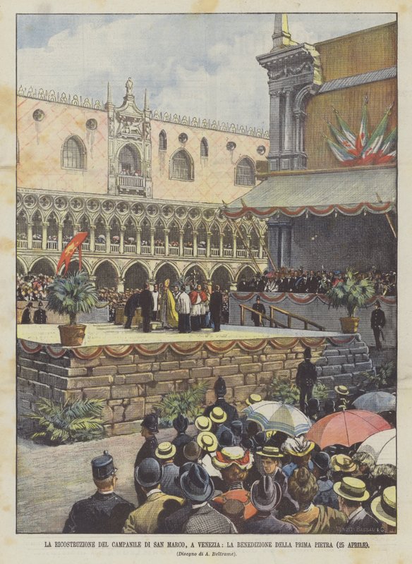 La reconstrucción del campanario de San Marcos en Venecia, la bendición de la primera piedra (25 de abril) de Achille Beltrame
