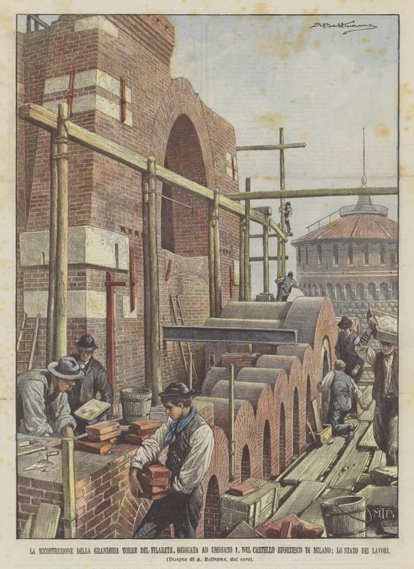 La reconstrucción de la grandiosa Torre del Filarete, dedicada a Umberto I, en el Castillo Sforzesco de Achille Beltrame