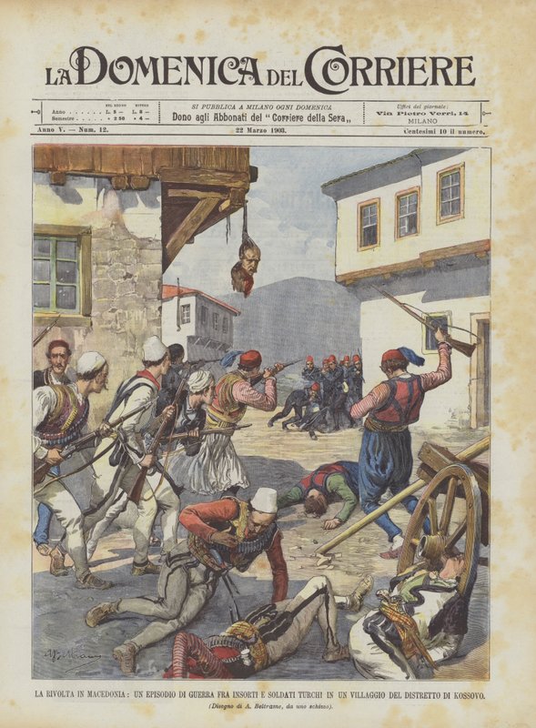La revuelta en Macedonia, un episodio de guerra entre insurgentes y soldados turcos en un pueblo de Achille Beltrame