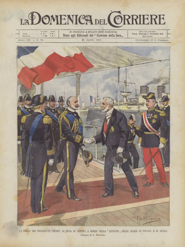 La visita del presidente Loubet al duque de Génova a bordo del Lepanto en las aguas de Tolón, el 10 de abril de Achille Beltrame