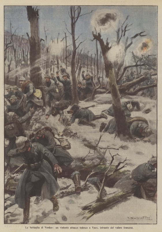 La batalla de Verdún, un violento ataque alemán en Vaux, frustrado por el valor francés de Achille Beltrame
