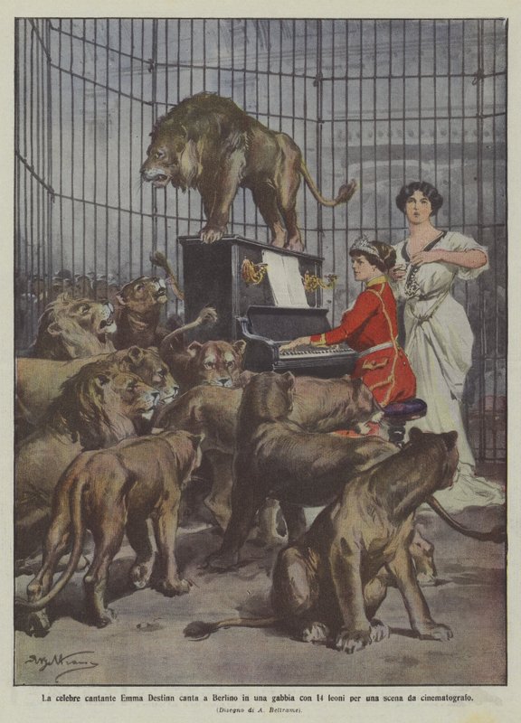 La célebre cantante Emma Destinn canta en Berlín en una jaula con 14 leones para una escena de cine de Achille Beltrame