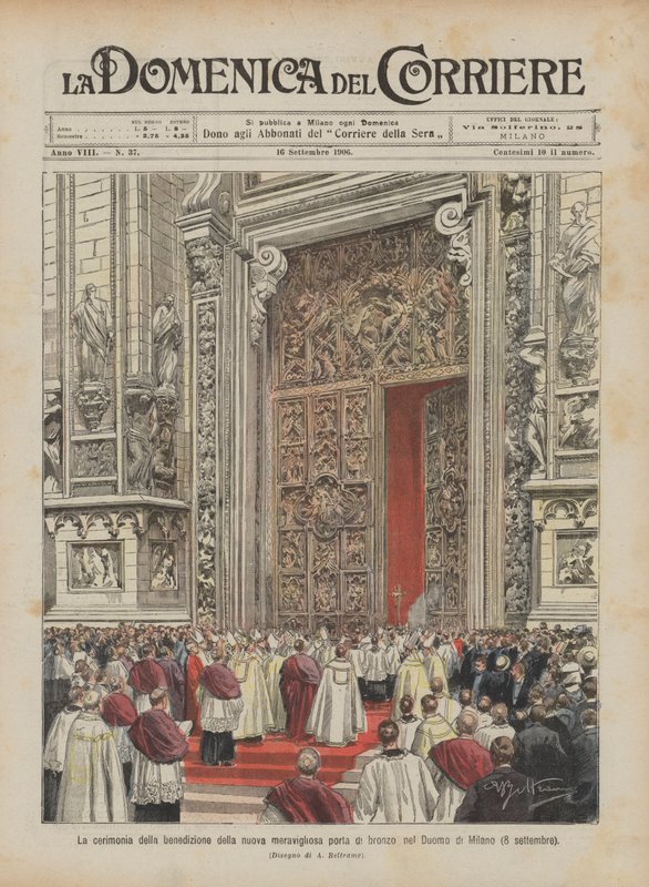 La ceremonia de la bendición de la nueva maravillosa puerta de bronce en la Catedral de Milán (8 de septiembre) de Achille Beltrame