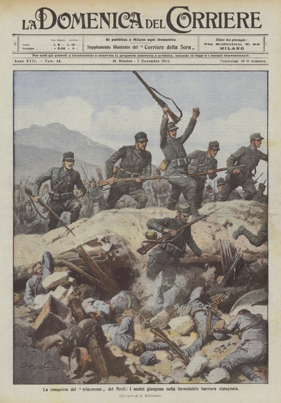 La conquista del trinchera del Mrzli, los nuestros llegan a la formidable barrera conquistada de Achille Beltrame