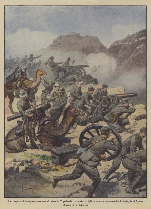 La conquista de la región montañosa de Jefren en Tripolitania, nuestras artillerías montadas de Achille Beltrame