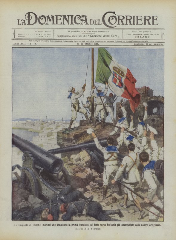La conquista de Trípoli, marineros que izan la primera bandera en el fuerte turco Sultanie ya de Achille Beltrame