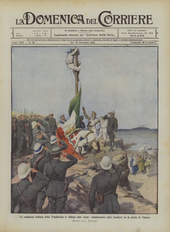 La conquista italiana de Tripolitania se expande gradualmente, izamiento de la bandera en la punta de Tagiura de Achille Beltrame