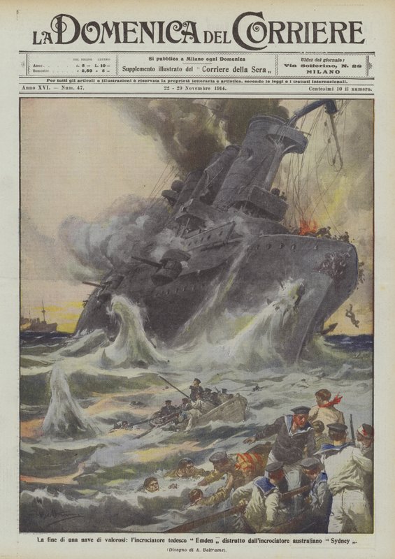 El fin de un barco de valientes, el crucero alemán Emden destruido por el crucero australiano Sydney de Achille Beltrame
