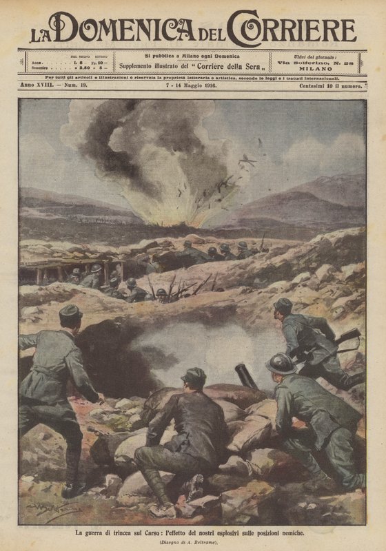 La guerra de trincheras en el Carso, el efecto de nuestros explosivos en las posiciones enemigas de Achille Beltrame