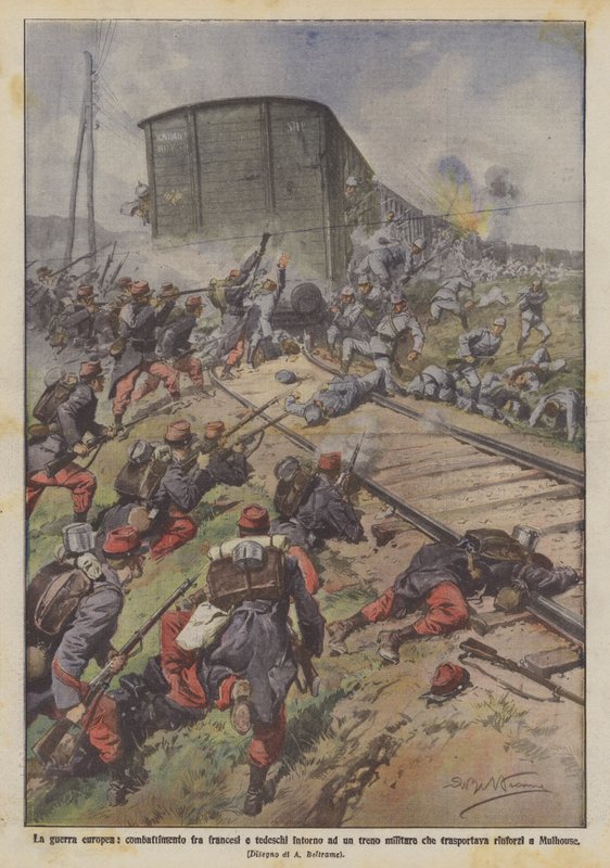 La guerra europea, combate entre franceses y alemanes alrededor de un tren militar de Achille Beltrame
