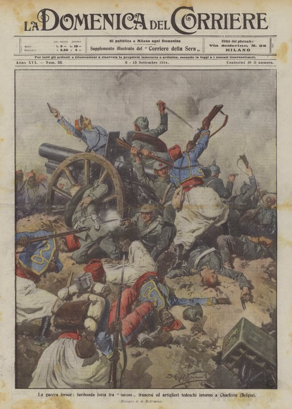 La guerra feroz, furiosa lucha entre turcos franceses y artilleros alemanes alrededor de Charleroi (Bélgica) de Achille Beltrame