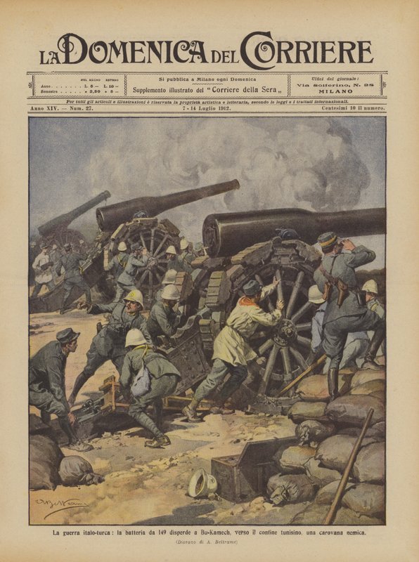 La guerra italo-turca, la batería de 149 dispersa en Bu-Kamech, cerca de la frontera tunecina, una caravana enemiga de Achille Beltrame