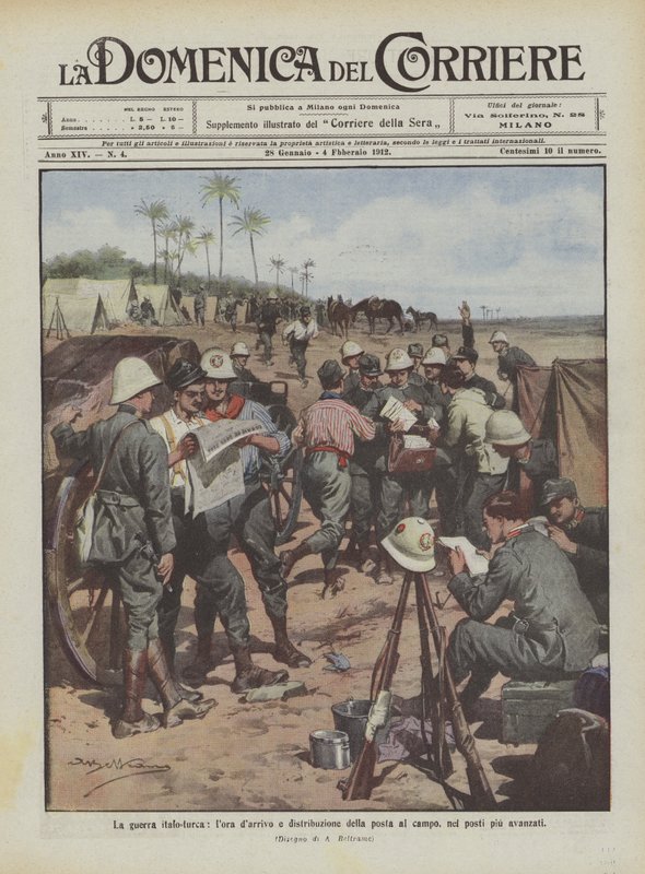 La guerra italo-turca, la llegada y distribución del correo en el campo, en los puestos más avanzados de Achille Beltrame