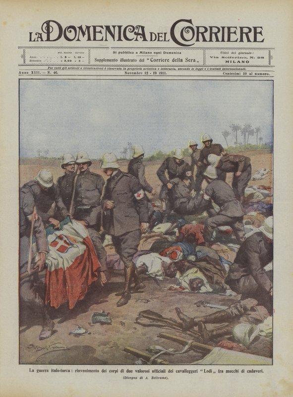 La guerra ítalo-turca, hallazgo de los cuerpos de dos valientes oficiales de los lanceros Lodi entre de Achille Beltrame