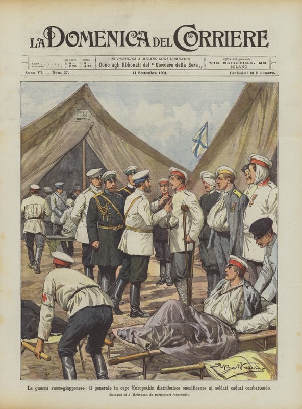 La guerra ruso-japonesa, el general en jefe Kuropatkin distribuye honores a los soldados caídos combatiendo de Achille Beltrame