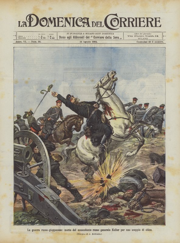 La guerra ruso-japonesa, muerte del comandante ruso general Keller por una explosión de obús de Achille Beltrame