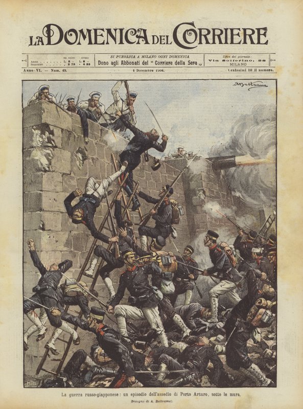 La guerra ruso-japonesa, un episodio del asedio de Puerto Arturo, bajo las murallas de Achille Beltrame