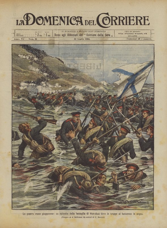 La guerra ruso-japonesa, un episodio de la batalla de Nan-shan donde las tropas lucharon en el agua de Achille Beltrame