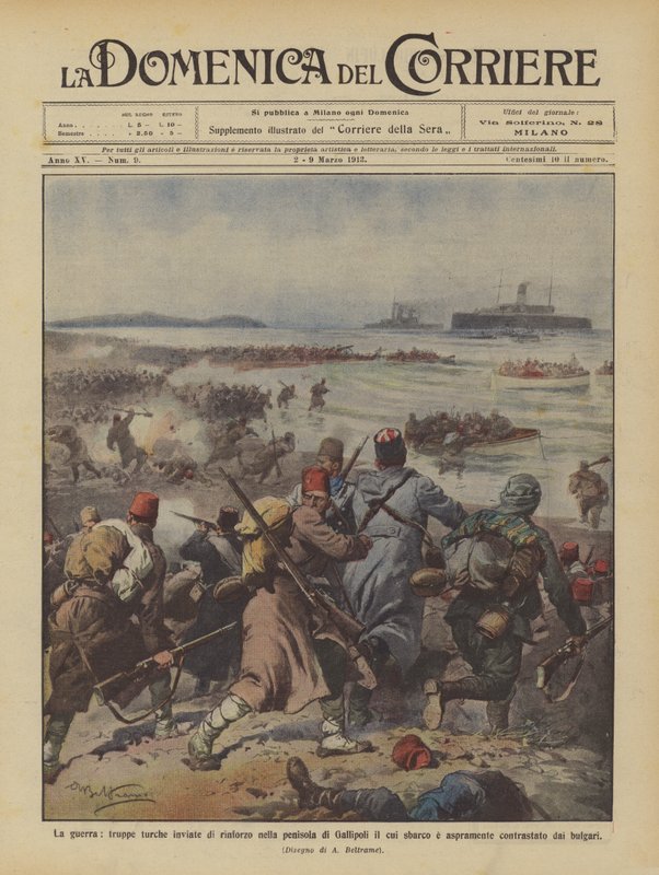 La guerra, tropas turcas enviadas como refuerzo a la península de Gallipoli cuyo desembarco de Achille Beltrame