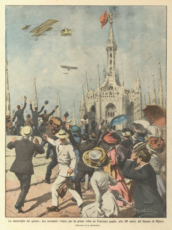 La maravilla del día, dos aeroplanos vuelan por primera vez sobre la aguja extrema de Achille Beltrame