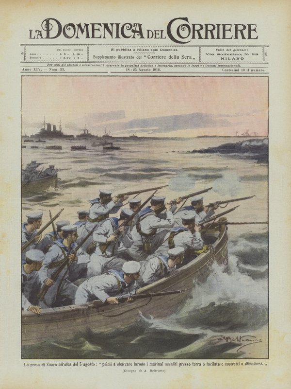 La toma de Zuara al amanecer del 5 de agosto, los primeros en desembarcar fueron los marineros atacados cerca de la costa de Achille Beltrame