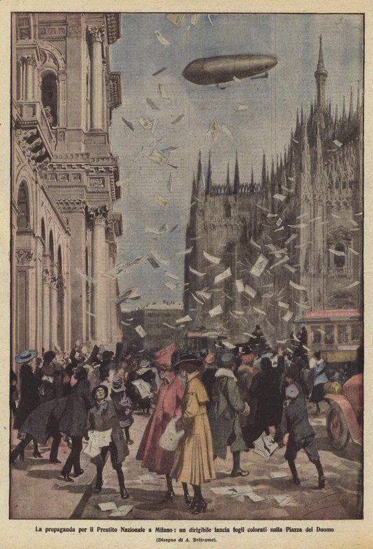 La propaganda para el Préstamo Nacional en Milán, un dirigible lanza hojas coloridas sobre la Plaza del Duomo de Achille Beltrame