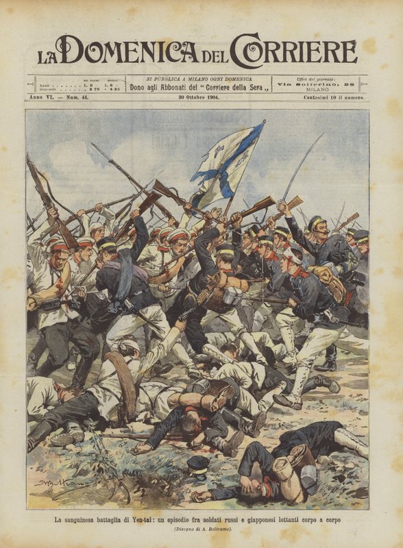 La sangrienta batalla de Yen-tai, un episodio entre soldados rusos y japoneses luchando cuerpo a cuerpo de Achille Beltrame