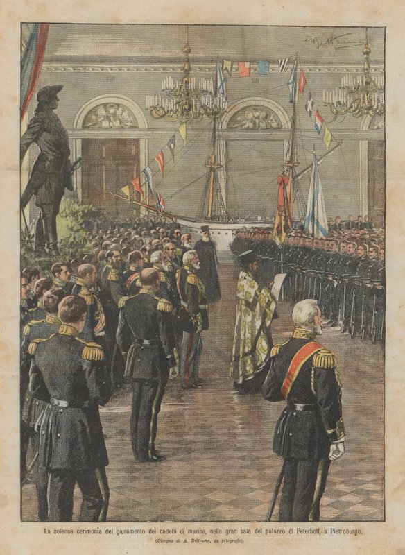 La solemne ceremonia del juramento de los cadetes de marina, en la gran sala del palacio de Peterhof, en San Petersburgo de Achille Beltrame