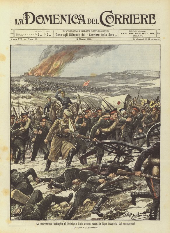 La espantosa batalla de Mukden, el ala derecha rusa en fuga perseguida por los japoneses de Achille Beltrame