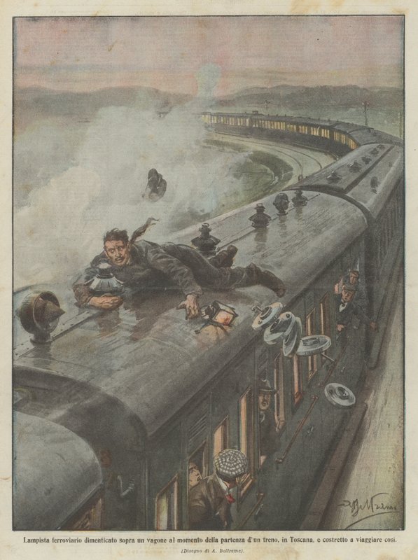 Lamparista ferroviario olvidado sobre un vagón al momento de la partida de un tren, en Toscana de Achille Beltrame