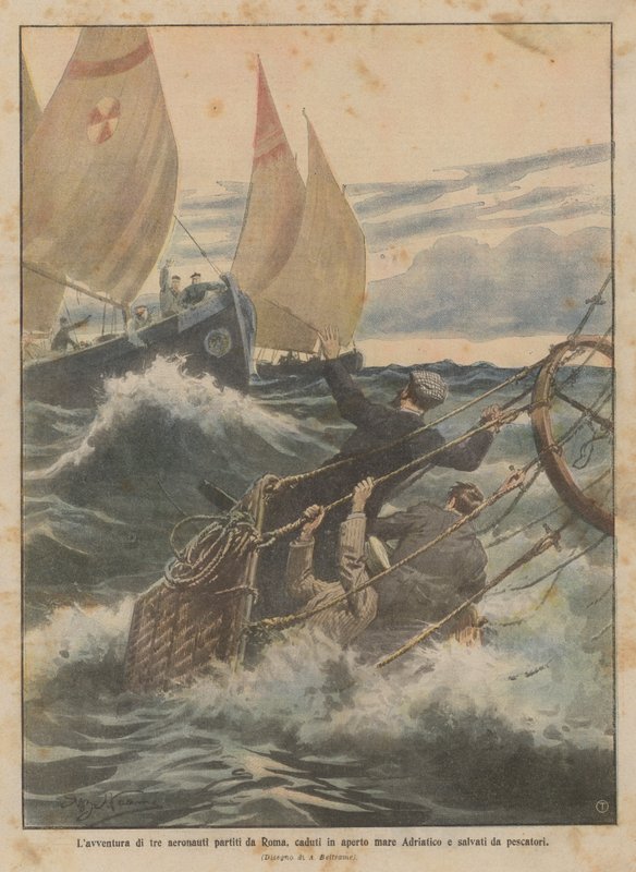 La aventura de tres aeronautas que partieron de Roma, cayeron en el mar Adriático y fueron rescatados por pescadores de Achille Beltrame