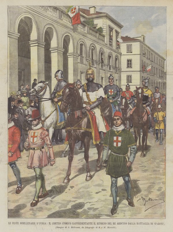 Las fiestas bimilenarias de Ivrea, el cortejo histórico representando el regreso del Rey Arduino de de Achille Beltrame