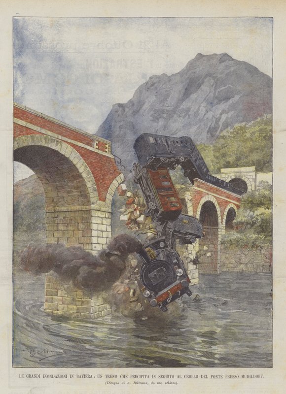 Las grandes inundaciones en Baviera, un tren que se precipita tras el colapso del puente cerca de Mühldorf de Achille Beltrame