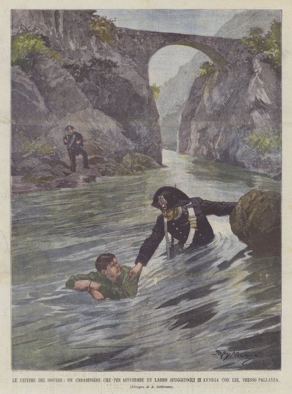 Las víctimas del deber, un carabinero que, para atrapar a un ladrón que se le escapó, se ahoga con él, cerca de Pallanza de Achille Beltrame