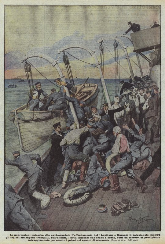 Las agresiones alemanas a los barcos-hospital, el hundimiento del Lanfrane de Achille Beltrame