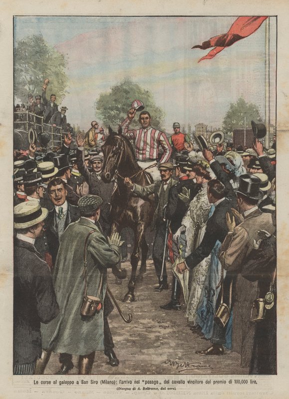 Las carreras de galope en San Siro (Milán), la llegada al pesaje del caballo ganador del premio de 100,000 liras de Achille Beltrame