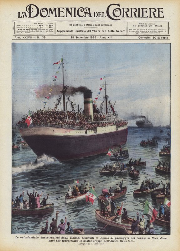 Las entusiastas demostraciones de los italianos residentes en Egipto al pasar por el canal de Suez de Achille Beltrame