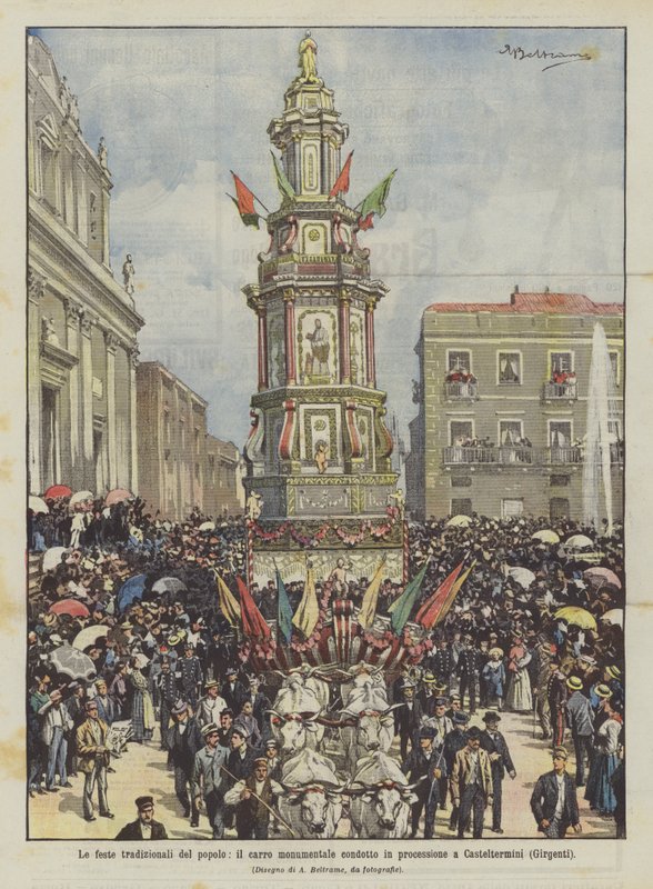 Las fiestas tradicionales del pueblo, el carro monumental conducido en procesión a Casteltermini (Girgenti) de Achille Beltrame