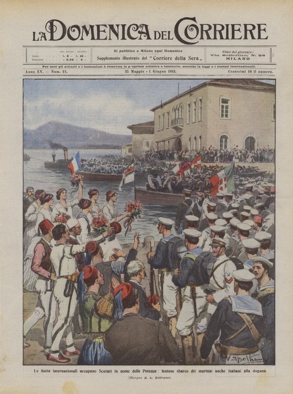Las flotas internacionales ocupan Scutari en nombre de las Potencias, desembarco festivo de los marineros de Achille Beltrame