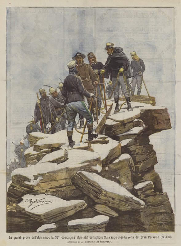 Las grandes pruebas del alpinismo, la 36ª compañía alpina del batallón Susa alcanza la cima de Achille Beltrame