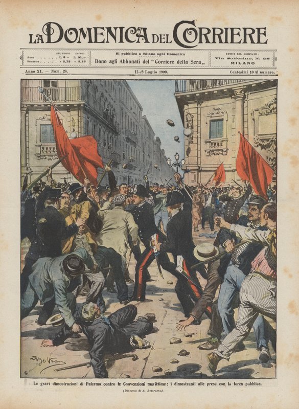 Las graves manifestaciones de Palermo contra las Convenciones Marítimas, los manifestantes enfrentándose con la fuerza pública de Achille Beltrame