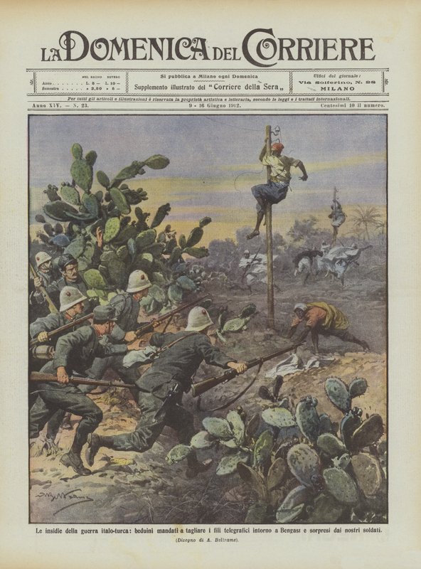 Las trampas de la guerra italo-turca, beduinos enviados a cortar los cables telegráficos alrededor de Achille Beltrame