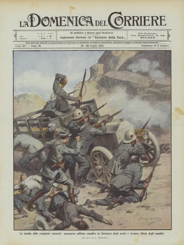 Las trampas de las conquistas coloniales, camión militar atacado en Cirenaica por los árabes de Achille Beltrame