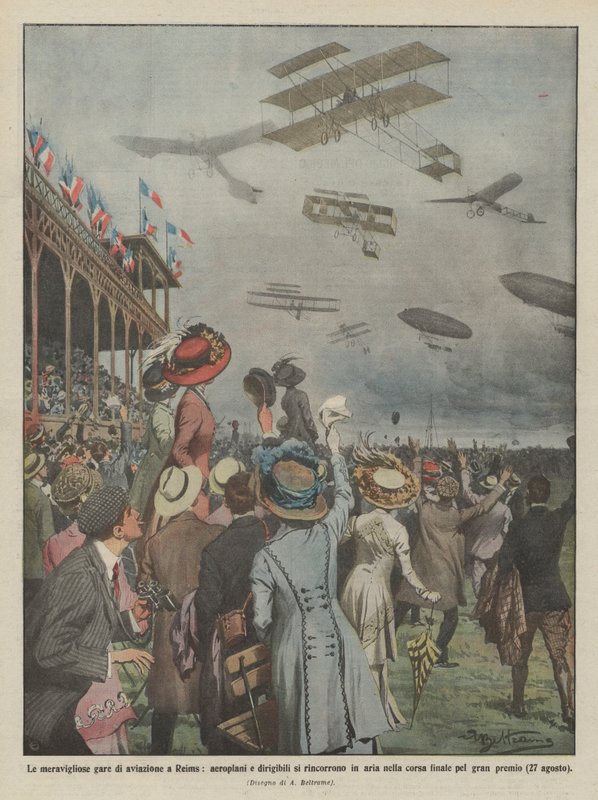 Las maravillosas competiciones de aviación en Reims, aviones y dirigibles compiten en el aire de Achille Beltrame