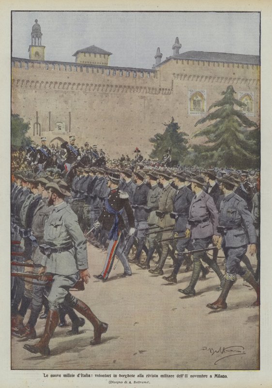 Las nuevas milicias de Italia, voluntarios civiles en la revista militar del 2 de noviembre en Milán de Achille Beltrame