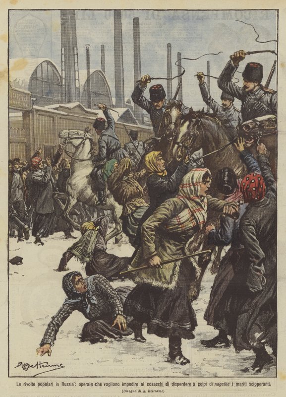 Las revueltas populares en Rusia, obreras que quieren impedir a los cosacos dispersar a tiros de Achille Beltrame