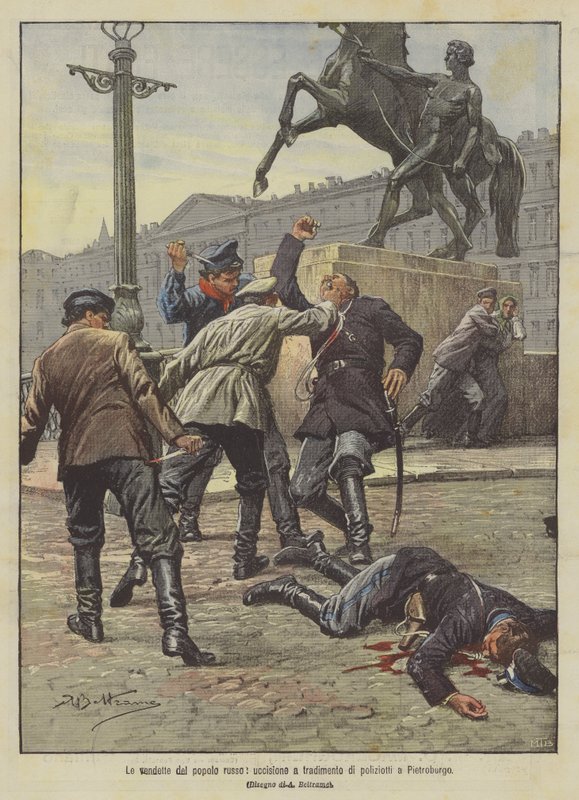 Las venganzas del pueblo ruso, asesinato a traición de policías en San Petersburgo de Achille Beltrame