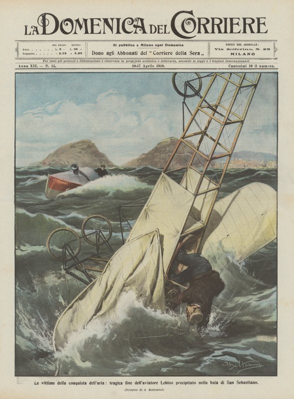Las víctimas de la conquista del aire, trágico final del aviador Leblon caído en la bahía de San Sebastián de Achille Beltrame