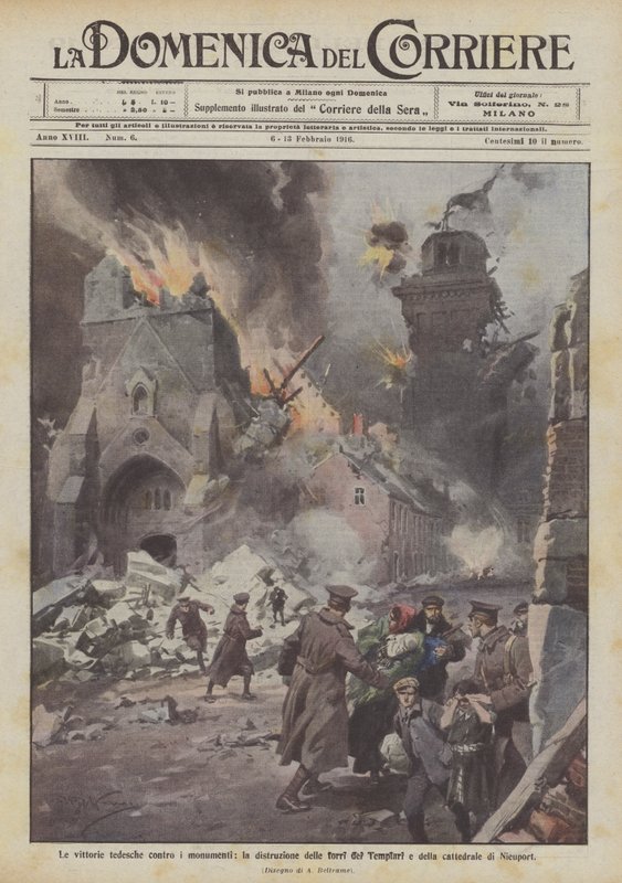 Las victorias alemanas contra los monumentos, la destrucción de las torres de los Templarios y de la catedral de Nieuport de Achille Beltrame